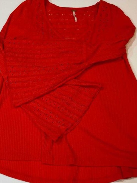 Tops - Partisan Boho Red Ribbed Bell Sleeve Embroidered Blouse - XS